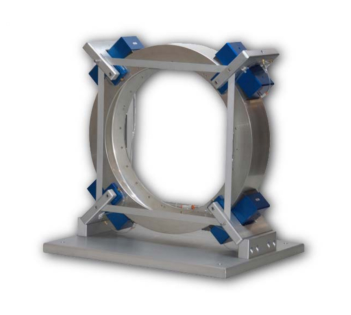 A large gantry shown with four New Way radial air bearings mounted around the ring.