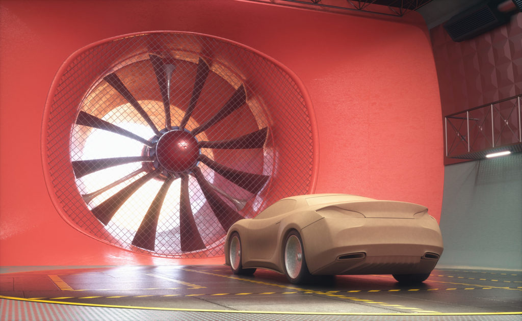 3D illustration of clay car inside a wind tunnel.