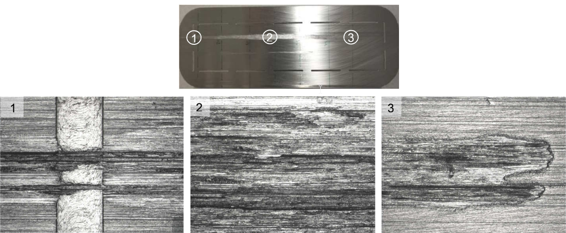 Image of damaged AISI 300 type 1 slotted orifice bearing, with microscopic detail images of damage