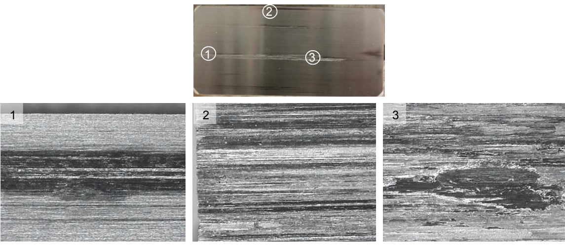Image of damaged AISI 300 type 2 holed orifice bearing, with microscopic detail images of damage